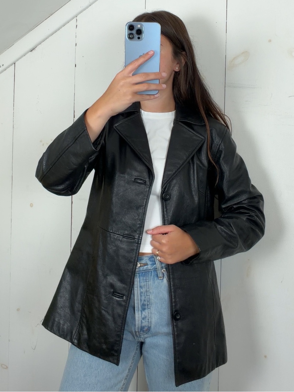 Vintage Wilsons Black Genuine Leather Blazer Jacket Women’s S 90s Button Front